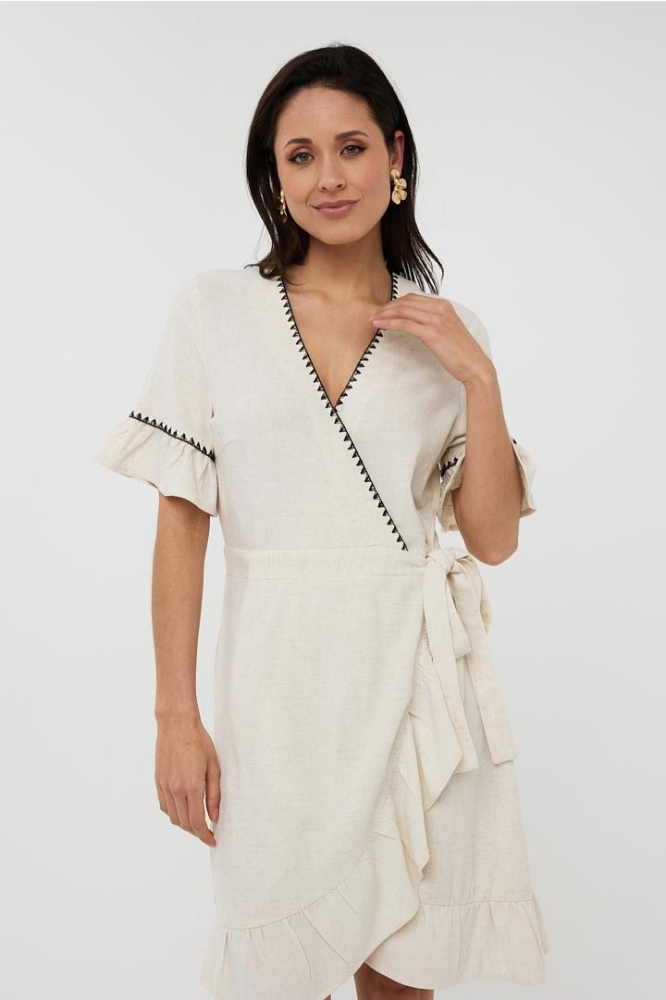 DRESS LINEN FANCY CONTRAST STITCH HS25 28218 180 Sand
